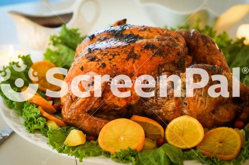 Turkey With Leaves And Oranges For Christmas And Thanksgiving